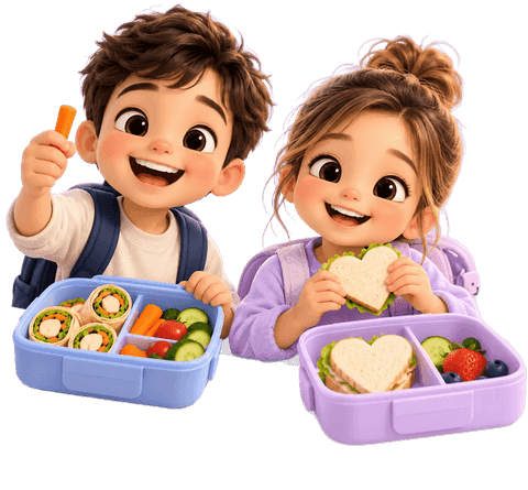 Dos niños sonrientes mostrando sus loncheras armadas con lo que había en casa