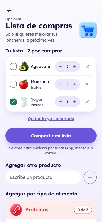 Pantalla de la lista de compras opcional, armada por tipo de alimento: proteínas, panes y cereales, verduras, lácteos y fruta