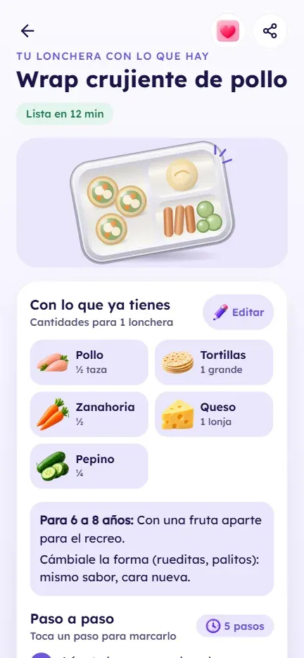 Pantalla de la receta: wrap crujiente de pollo con su foto y tres pasos