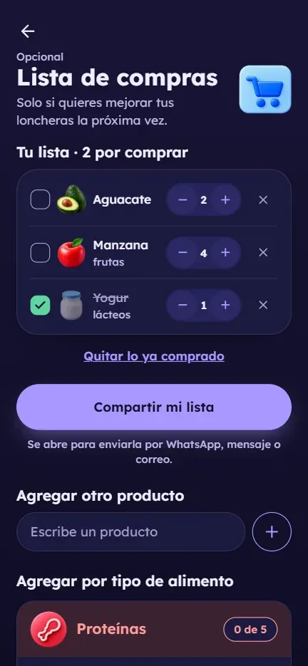 Pantalla de la lista de compras opcional, armada por tipo de alimento: proteínas, panes y cereales, verduras, lácteos y fruta