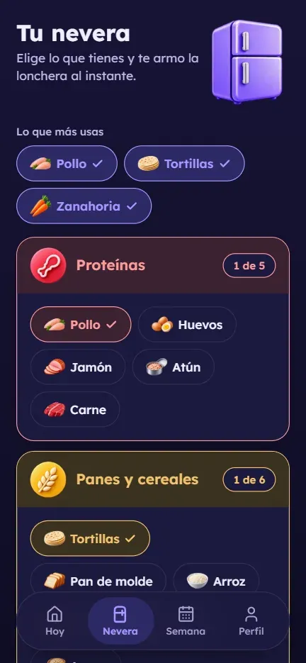 Pantalla Nevera: ingredientes separados por grupo de color
