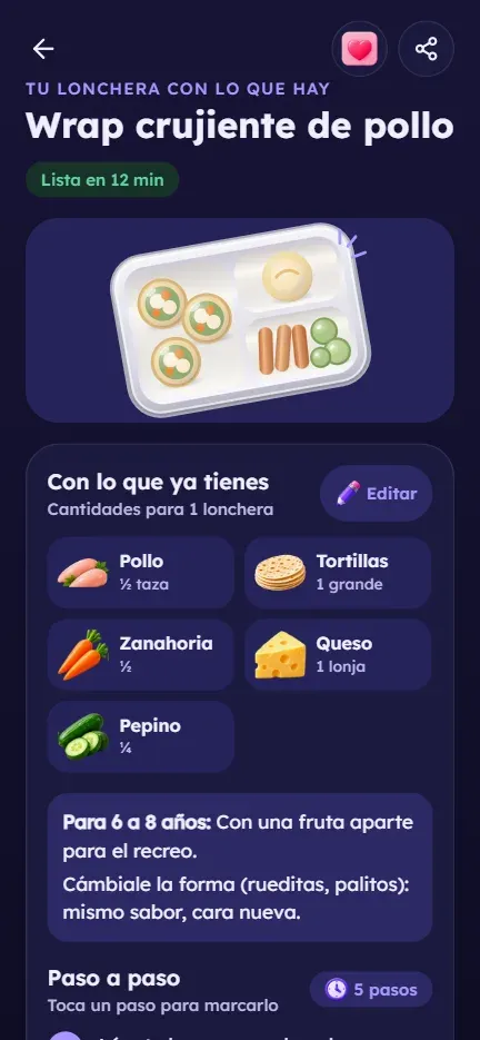 Pantalla de la receta: wrap crujiente de pollo con su foto y tres pasos